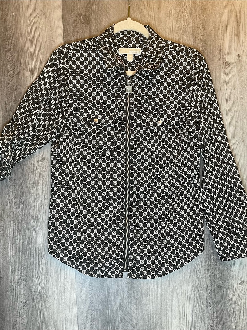 Michael Kors Women's Emblem Print Full Zipper Blouse Blk/Wht  Size P/M